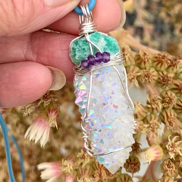 Raw Emerald, Angel Aura, Amethyst Bead Necklace - Picture 6 of 16